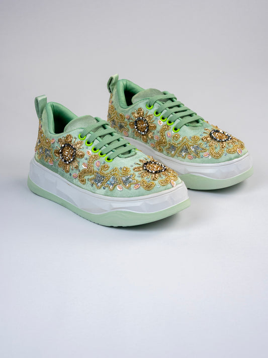 Jalwaa,Light Pista Green Satin Sneaker – Sunburst Floral Motif