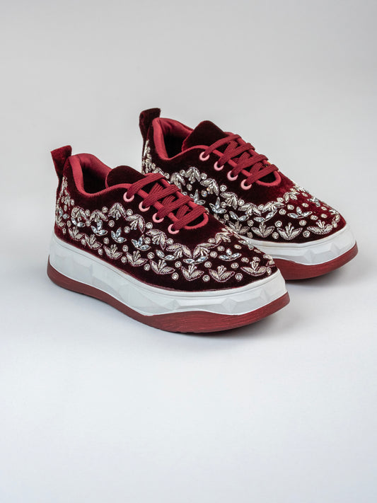 Chandni, Dark Maroon Velvet Sneakers – Silver Stone & Zari Work