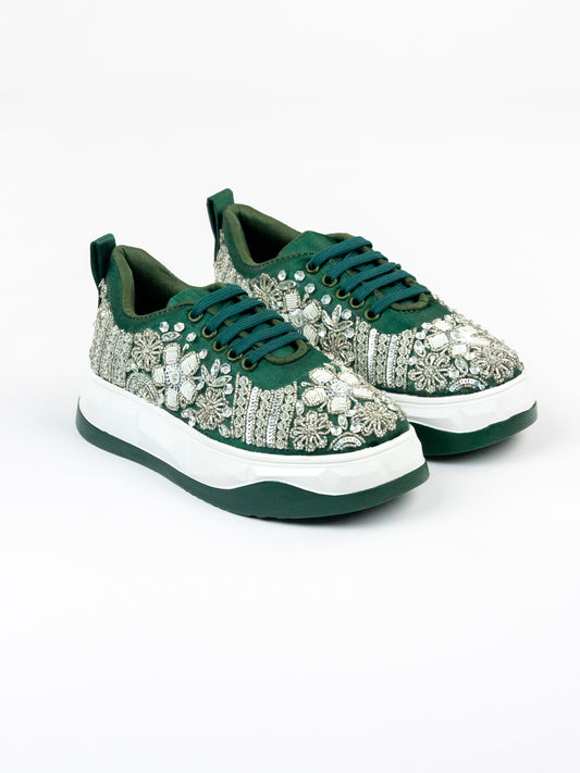 Zarposh, Dark Green Satin Embellished Sneakers with Zari, Sequins & Crystal Stones