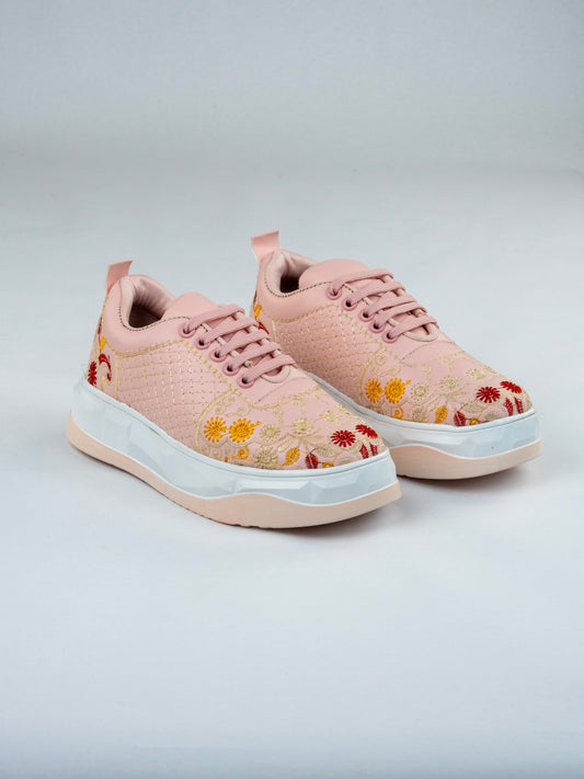 Baby Pink Blossom, Embroidered Leather Sneakers – Floral Scallop Jaal Design
