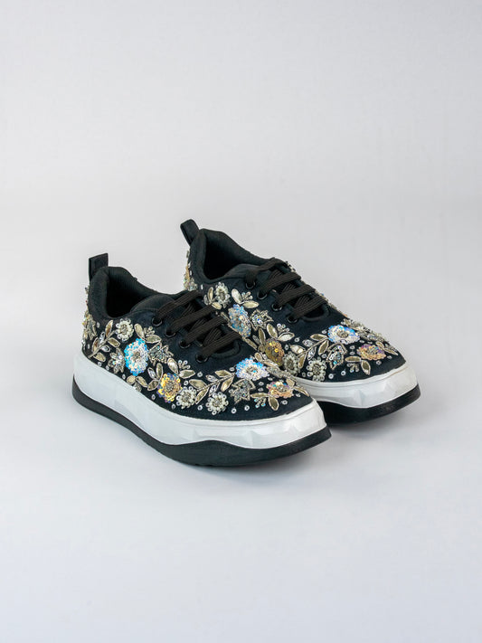 Reshamgud, Black Satin Floral Sneakers  – Multicolour Sequins & Gota Leafs