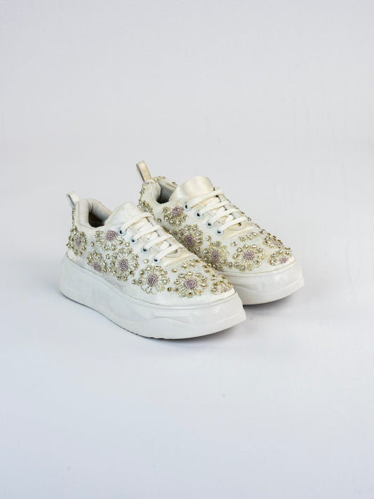 Parizah, Pearl White Bridal Satin Sneaker – Silver  Kardana & Stone Work