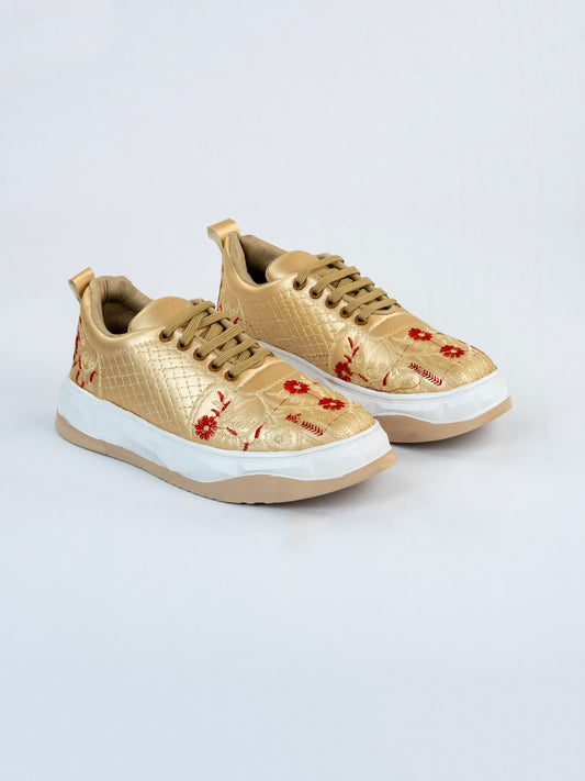 Red Bloom Gold, Premium Golden Partywear Sneakers – Floral Vine Thread Work