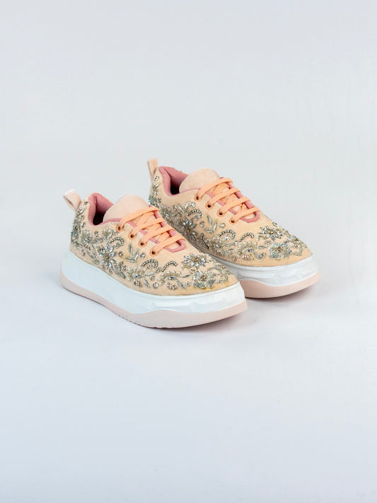Sitarah, Peach Velvet Designer Sneakers with white Pearls, Stones & Silver Zari