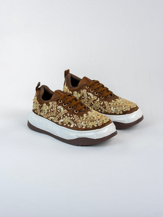 Shahi, Dark Coffee Satin Floral Bel Work With Golden Crystal & Zari Work